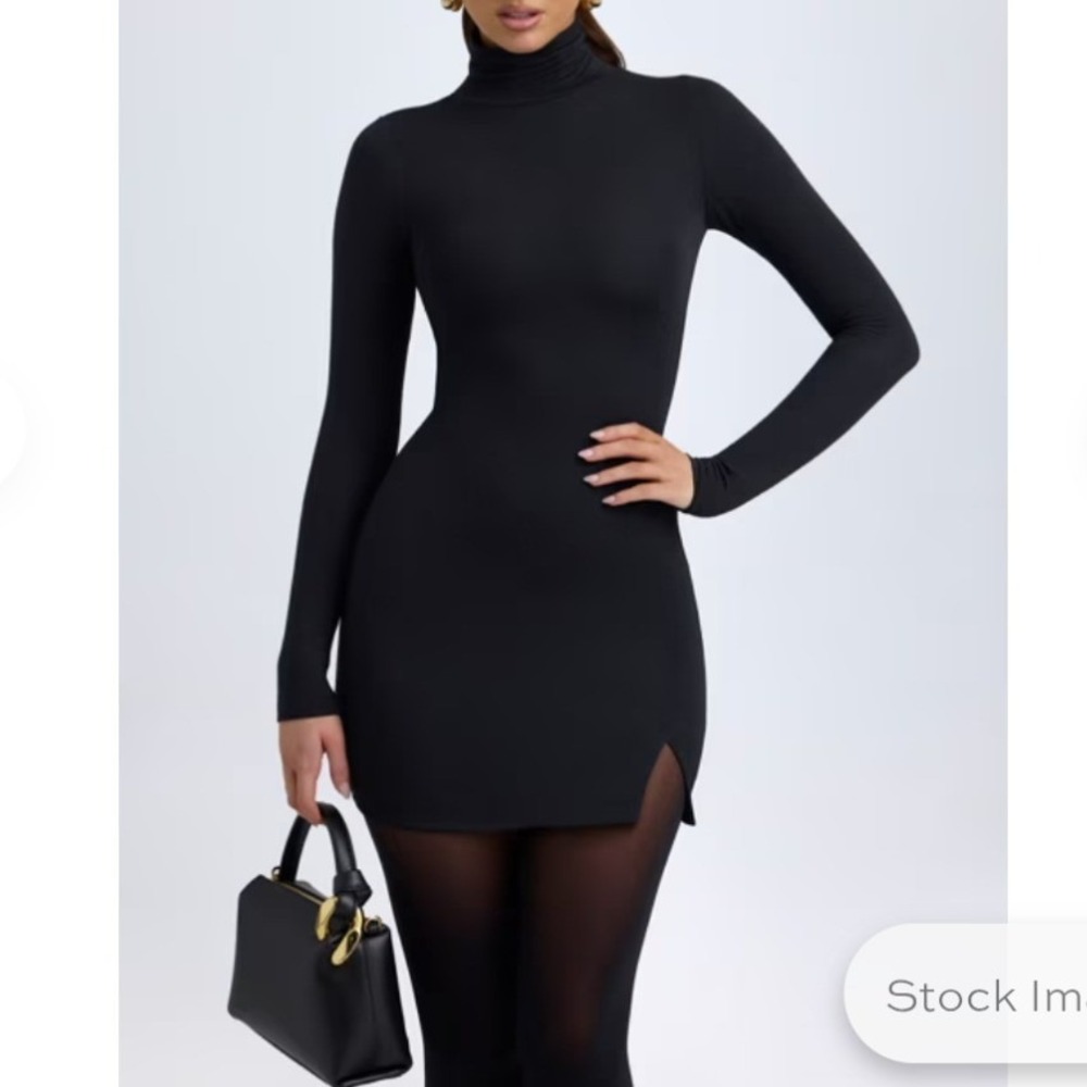Oh Polly Amira Black Turtleneck Ruched Long Sleeve Bodycon Mini Dress NEW Sz S